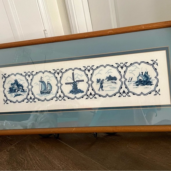 Vintage Framed Blue and White Embroidered Art - Picture 1 of 15